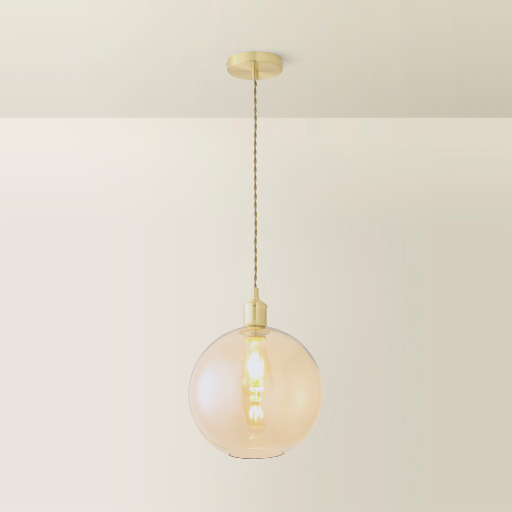 ValueLights Bellamy Single Amber Glass Globe Brushed Gold LED Ceiling Pendant Light Image 5