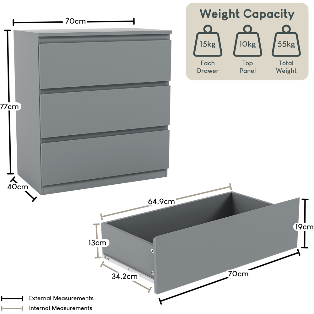 VIDA DESIGNS Denver 3 Drawer Grey Chest of Drawers Image 9