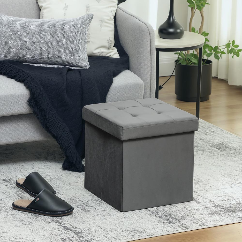 HOMCOM Grey Foldable Velvet Storage Ottoman Seat Image 5