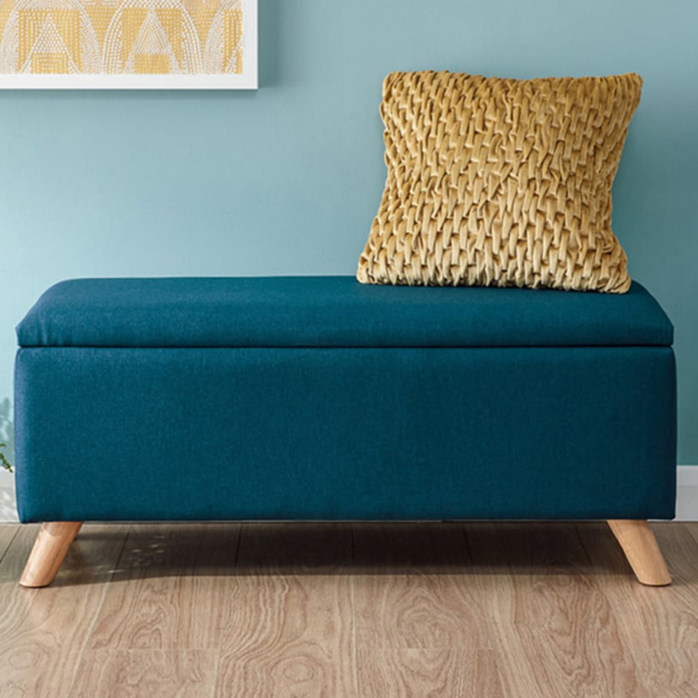GFW Secreto Teal Blue Hopsack Fabric Ottoman Storage Bench Image 1