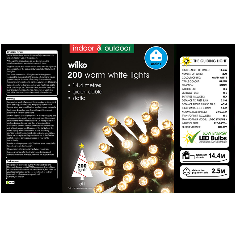 Wilko 200 Warm White LED Lights with Green Cable Image 4