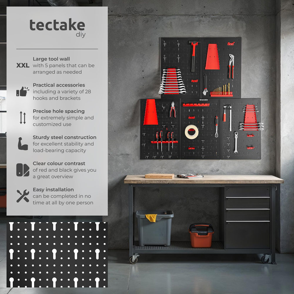 tectake Jonah 5 Panel Tool Pegboard Set with Hooks and Holders Image 6