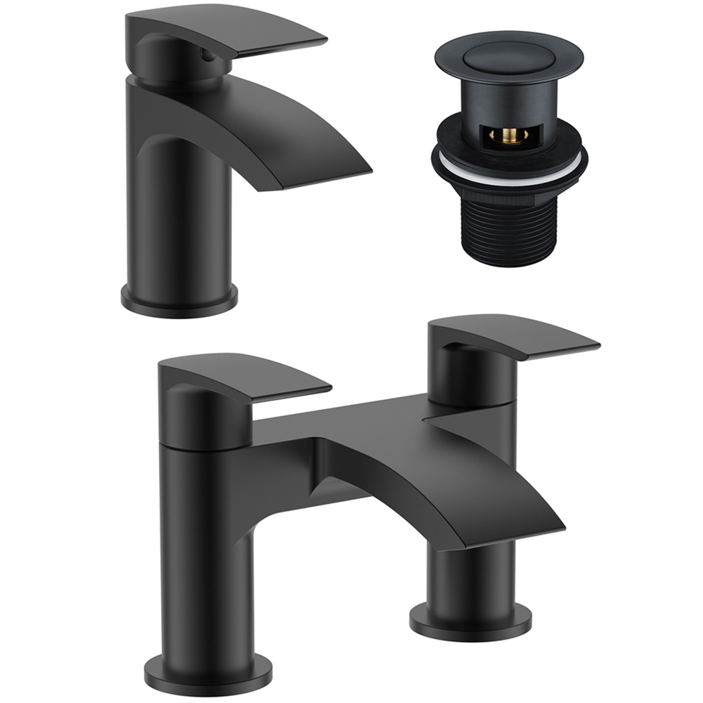 Nes Home Libra Waterfall Matte Black Bath Filler Tap and Basin Mixer Tap with Waste Image 1