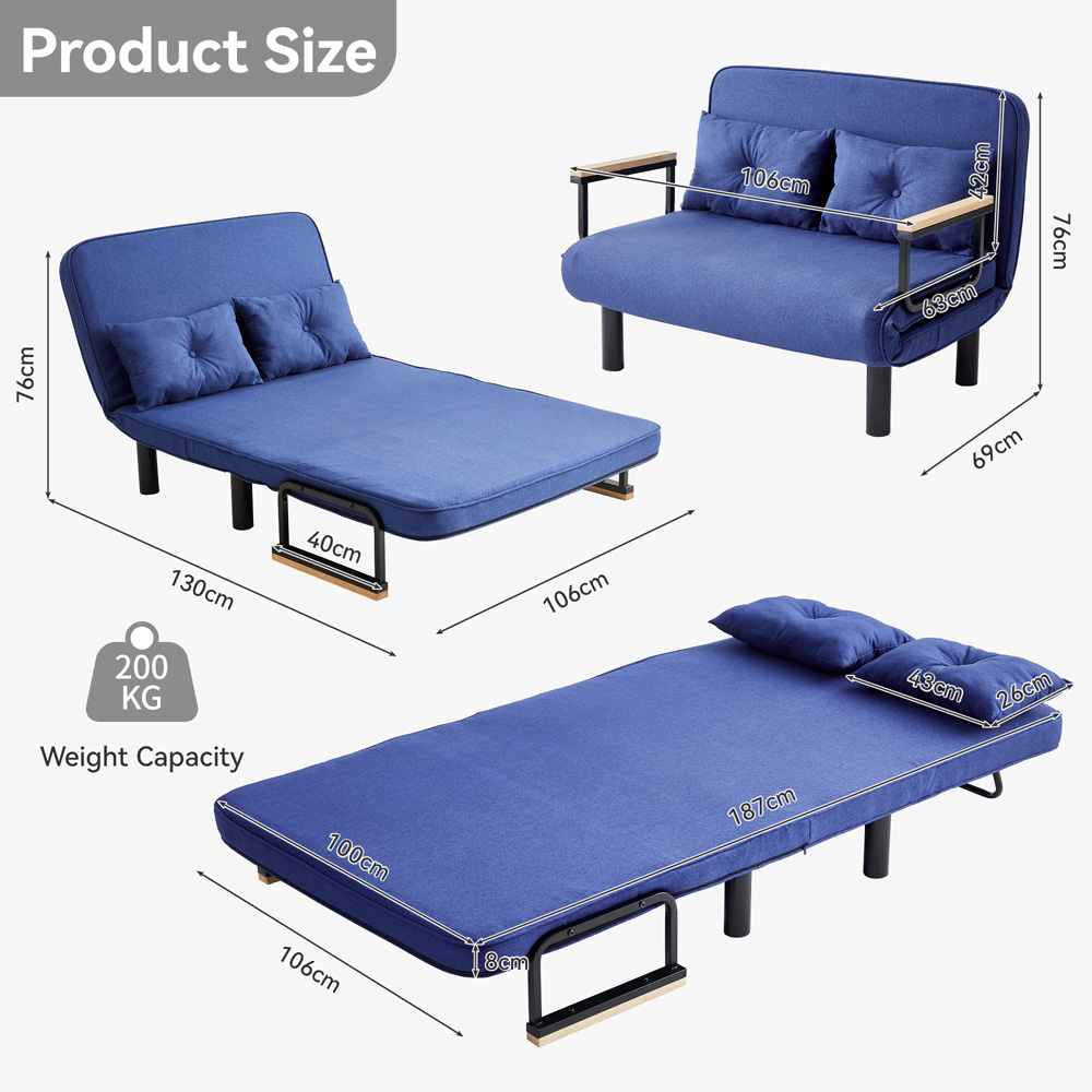 2 Seater Blue 4-in-1 Foldable Sofa Bed with Adjustable Backrest and Large Cushion Image 7