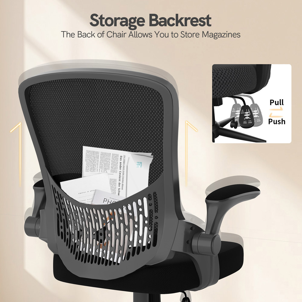 Rattrix Black Mid-Back Mesh Office Chair with Flip-Up Armrests and Lumbar Support Image 6