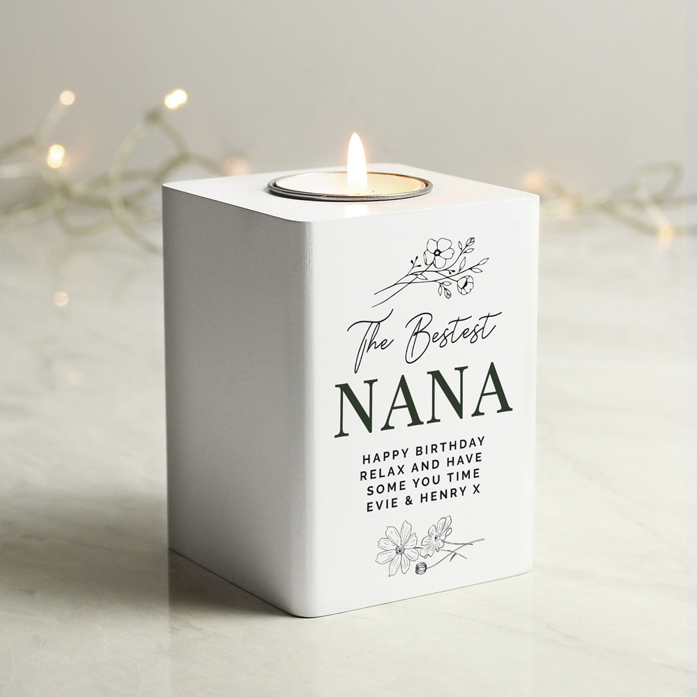 Personalised Memento Personalised Floral White Wooden Tealight Holder Image 2