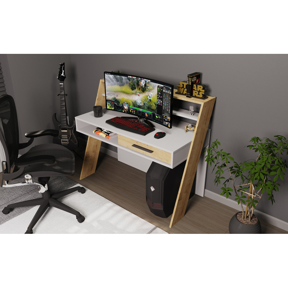 Decorotika Soho Single Drawer 5 Shelf Computer Desk White and Oak Image 3