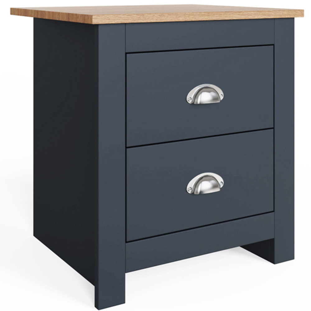 GFW Lancaster 2 Drawer Slate Blue Bedside Table with Oak Effect Top Image 2