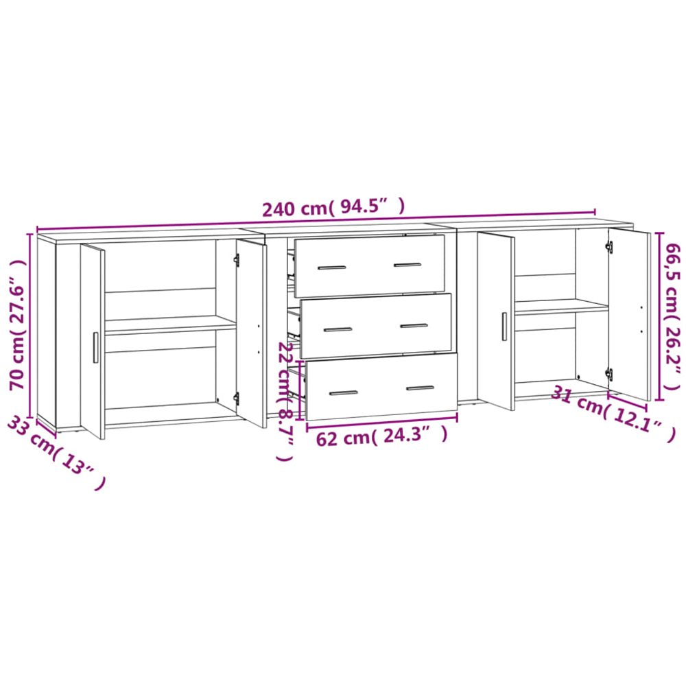 vidaXL 4 Door 3 Drawer Smoked Oak Sideboard Set of 3 Image 9