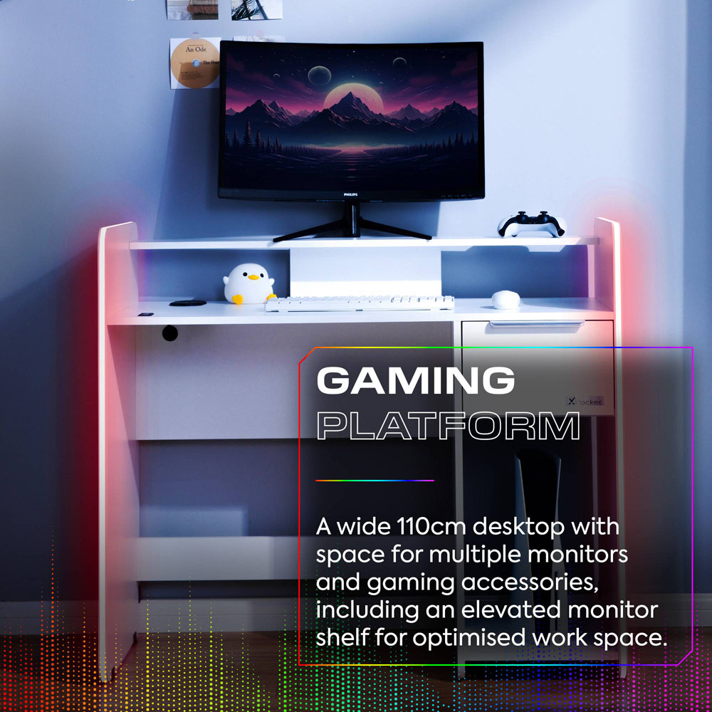 X Rocker Electra Single Drawer 2 Shelf RGB Gaming Desk with Wireless Charging White Image 5