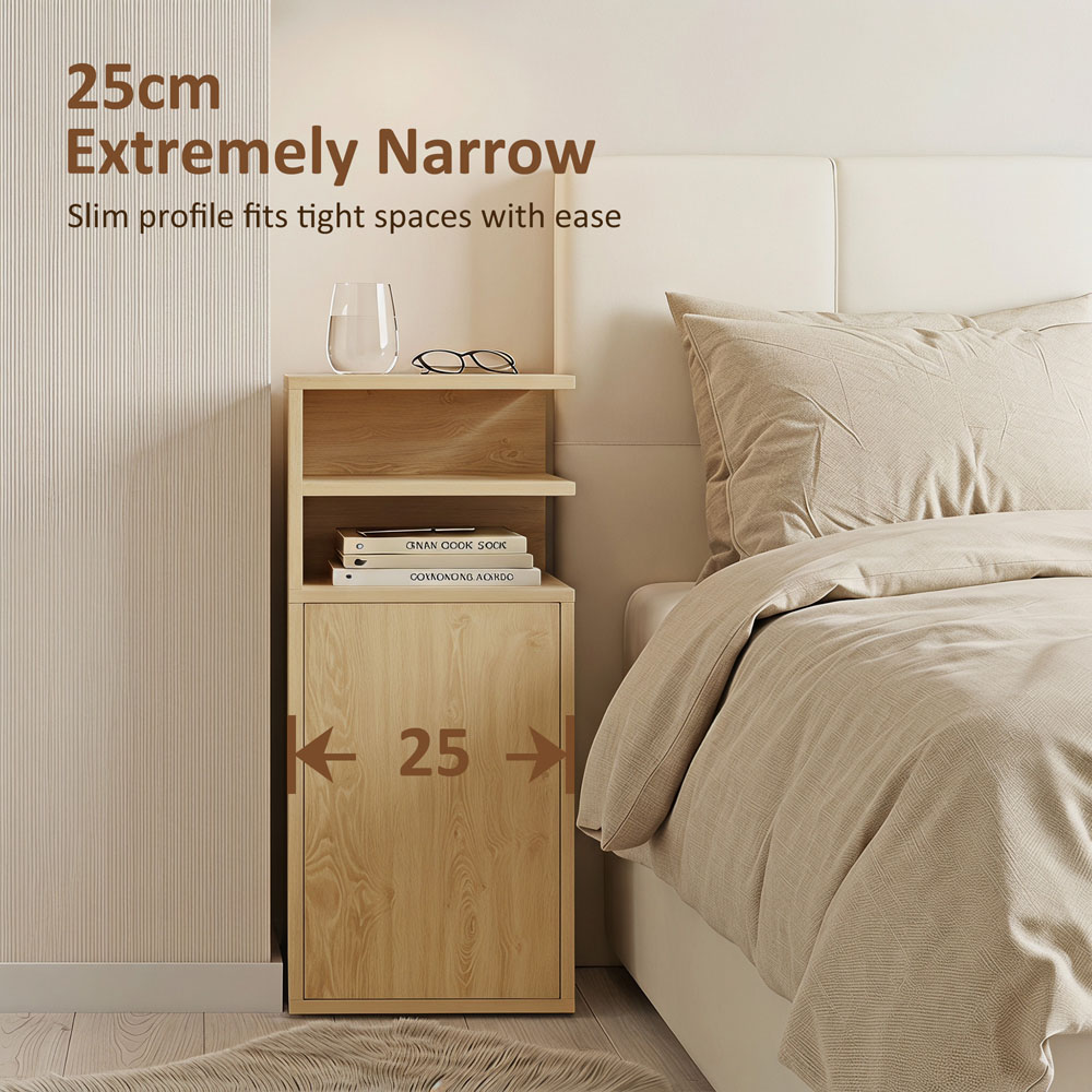 HOMCOM Single Door Oak Slim Bedside Table with Open Cubbies Set of 2 Image 5