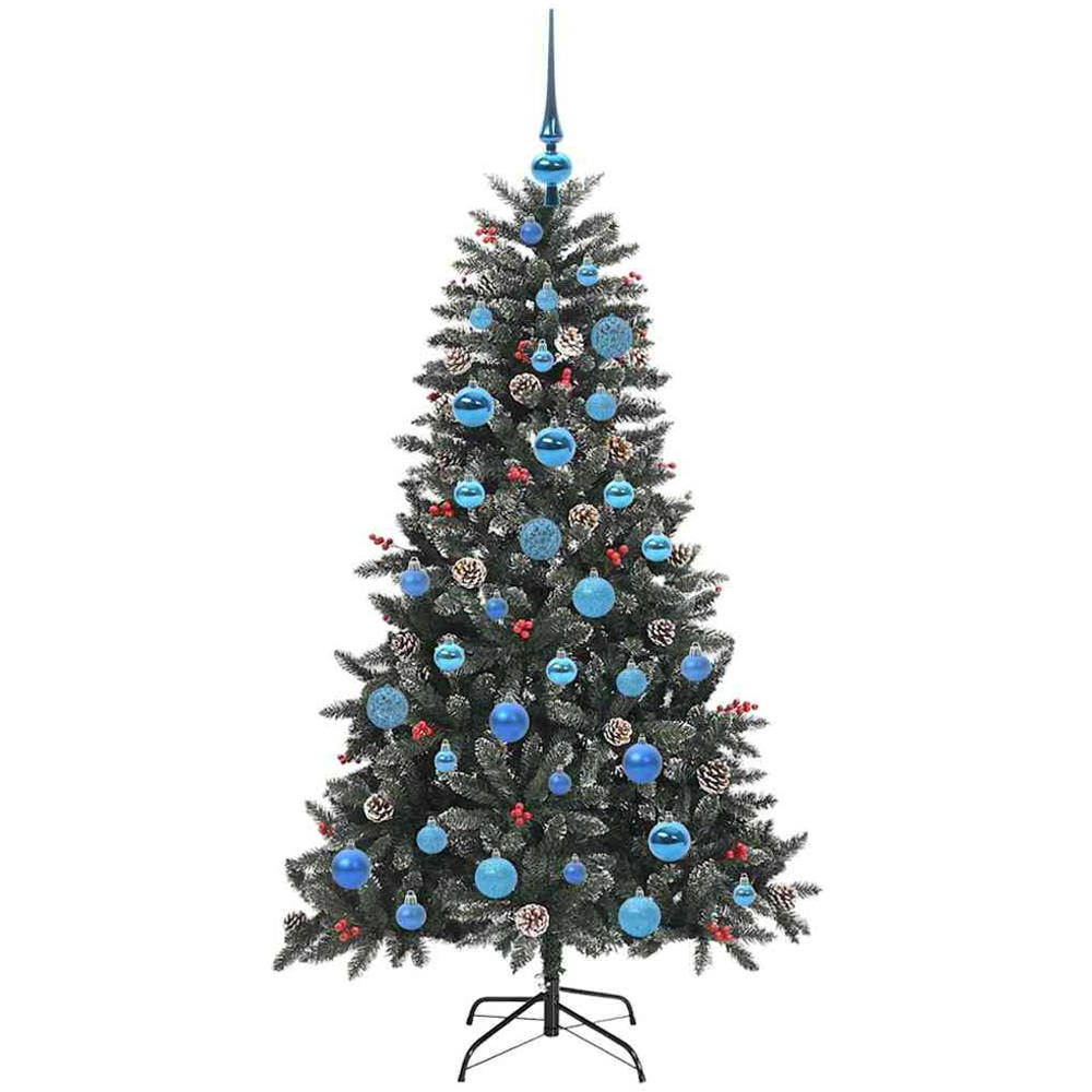 vidaXL Pre-Lit Blue Bauble Pinecones Berries Green Snow Flocked Artificial Christmas Tree 5ft Image 2