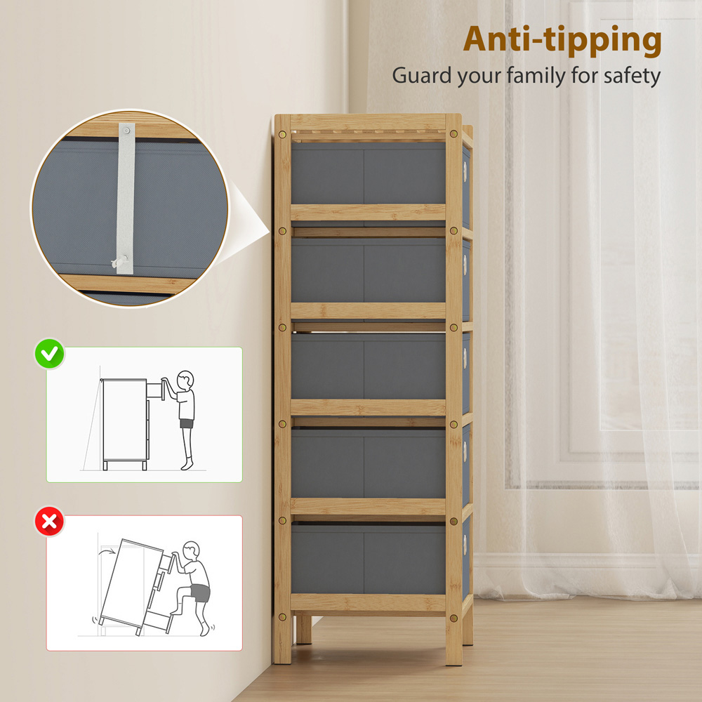 Portland 5 Fabric Drawer Light Grey Bamboo Frame Chest of Drawers Image 4