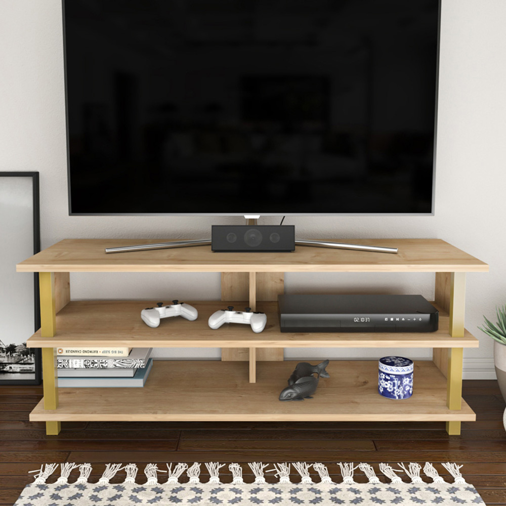 Decorotika Pueblo 4 Open Shelf Gold and Oak Wide TV Unit Image 1