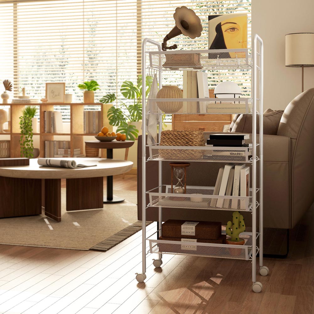HOMCOM 5-Tier White Utility Rolling Cart with Removable Mesh Baskets Image 2