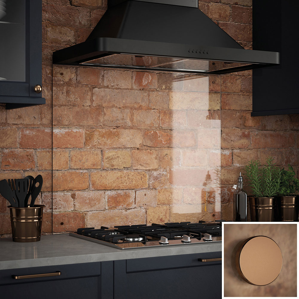 Splashback 0.6cm Thick Clear Kitchen Glass with Copper Caps 70 x