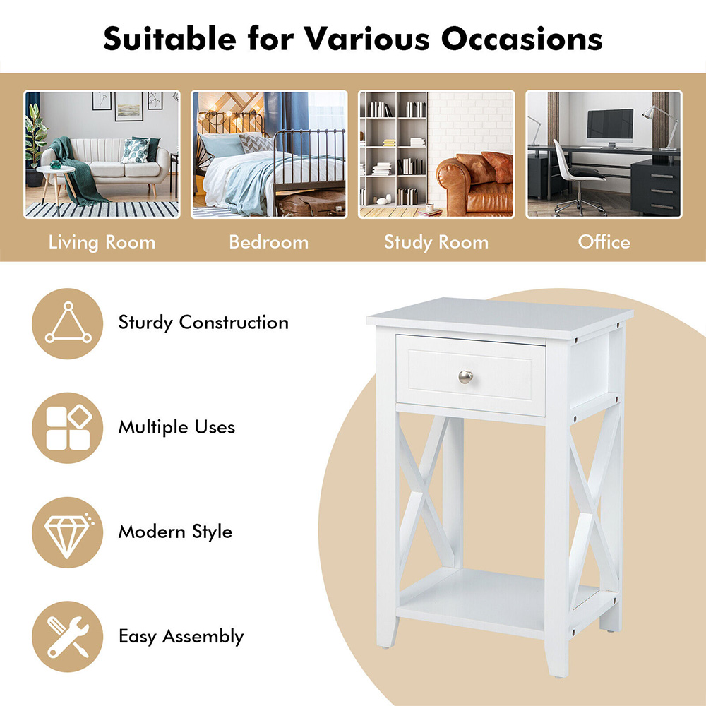 Costway Single Drawer Single Shelf White Modern X-Design Bedside Table Image 5