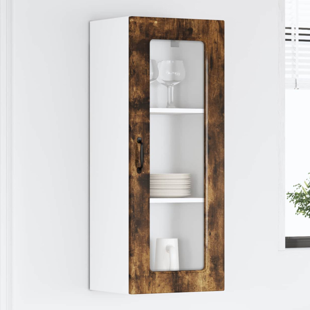 vidaXL Single Glass Door Smoked Oak Kitchen Wall Cabinet Image 1