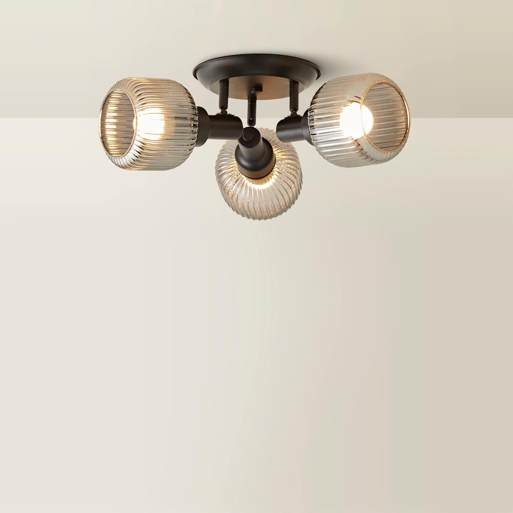 ValueLights Calpe Ribbed Clear Shades 3 Way Matte Black Adjustable Ceiling Spotlight with Bulbs Image 5