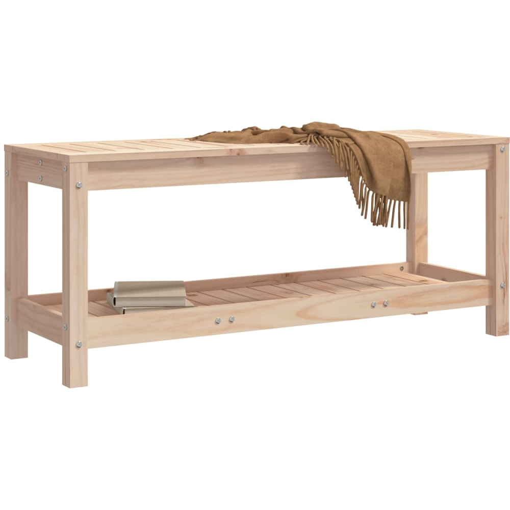 vidaXL 2 Seater Natural Solid Pine Wood Slatted Garden Bench with Shelf Image 2
