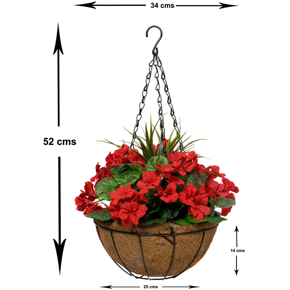 GreenBrokers Artificial Red Geraniums Round Coco Coir Hanging Plant Baskets 2 Pack Image 3