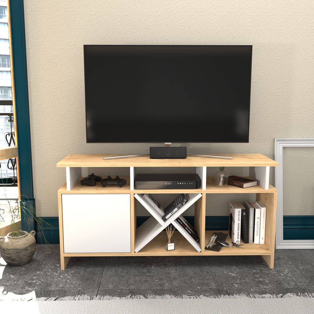 Decorotika Aurburn Single Door 8 Shelf Sapphire Oak and White TV Unit Image 4