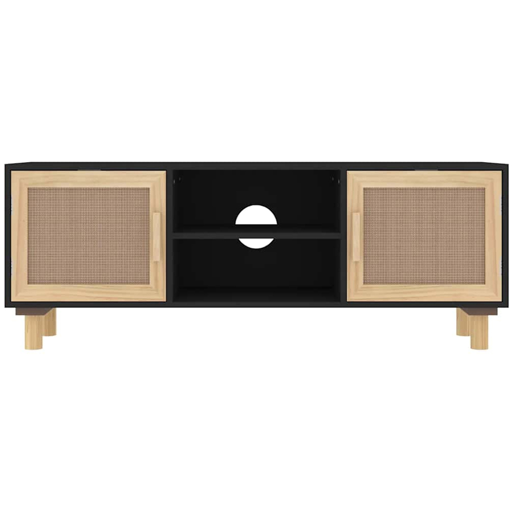 vidaXL 2 Door 2 Shelf Black Solid Pine and Natural Rattan TV Cabinet Image 4
