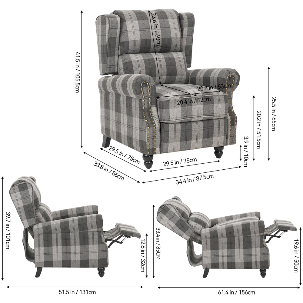 Living and Home Grey and Black Plaid Pattern Linen Pushback Recliner Armchair Image 9
