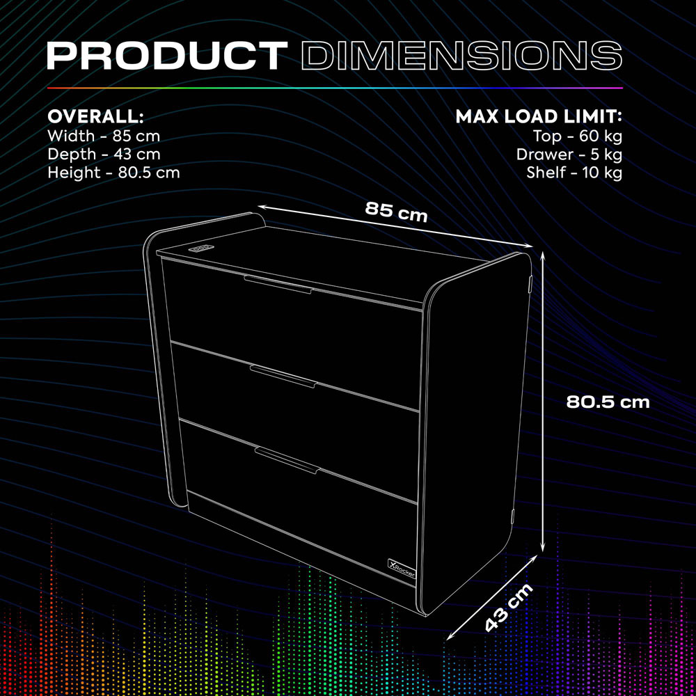 X Rocker Electra 3 Drawer White Chest of Drawers with Neo Motion Sync App Controlled LED Light Image 9