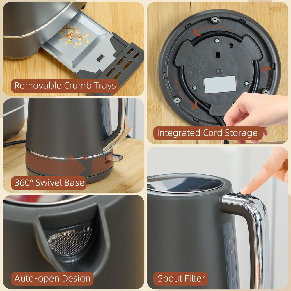 HOMCOM 800-232V70GY Grey 1.7L Fast Boil Electric Kettle 3000W and 2 Slice Toaster Set Image 3