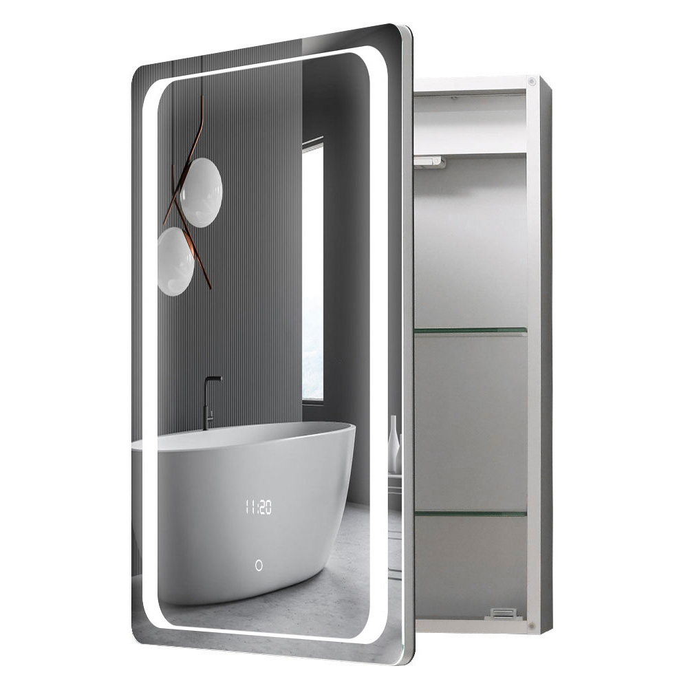 Living and Home White LED Mirror Bathroom Cabinet with Electronic Clock Image 4