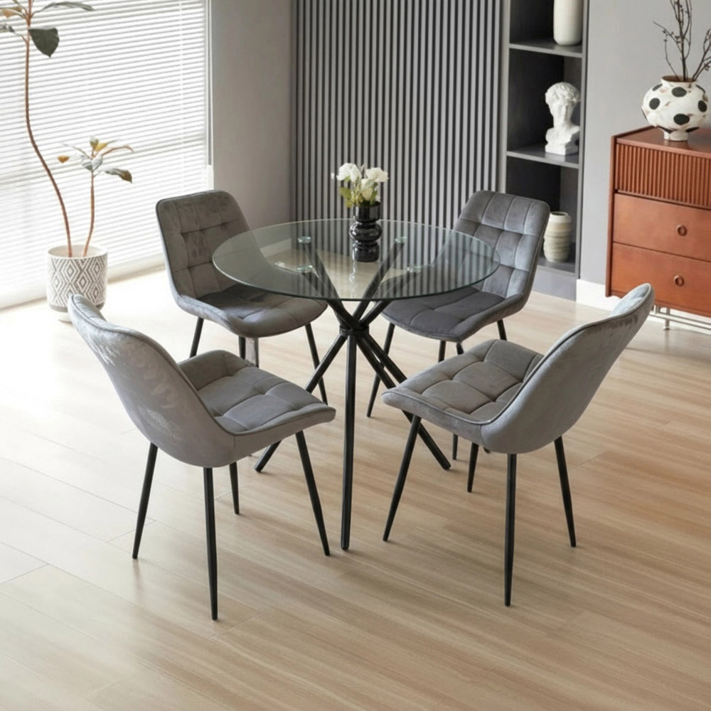 Indoor Living New York 4 Seater Grey Erica Velvet Dining Table Set Image 9