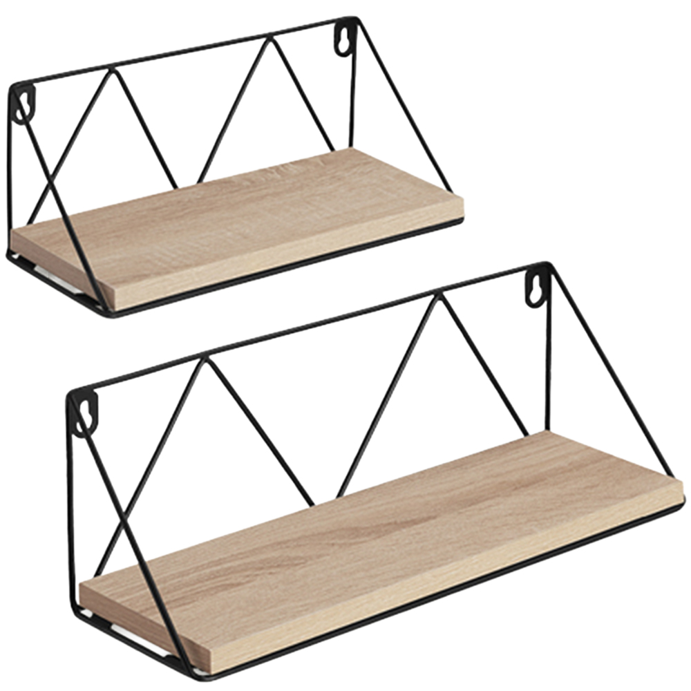 tectake Oak Wall Shelf with Decorative Metal Bracket Set of 2 Image 1
