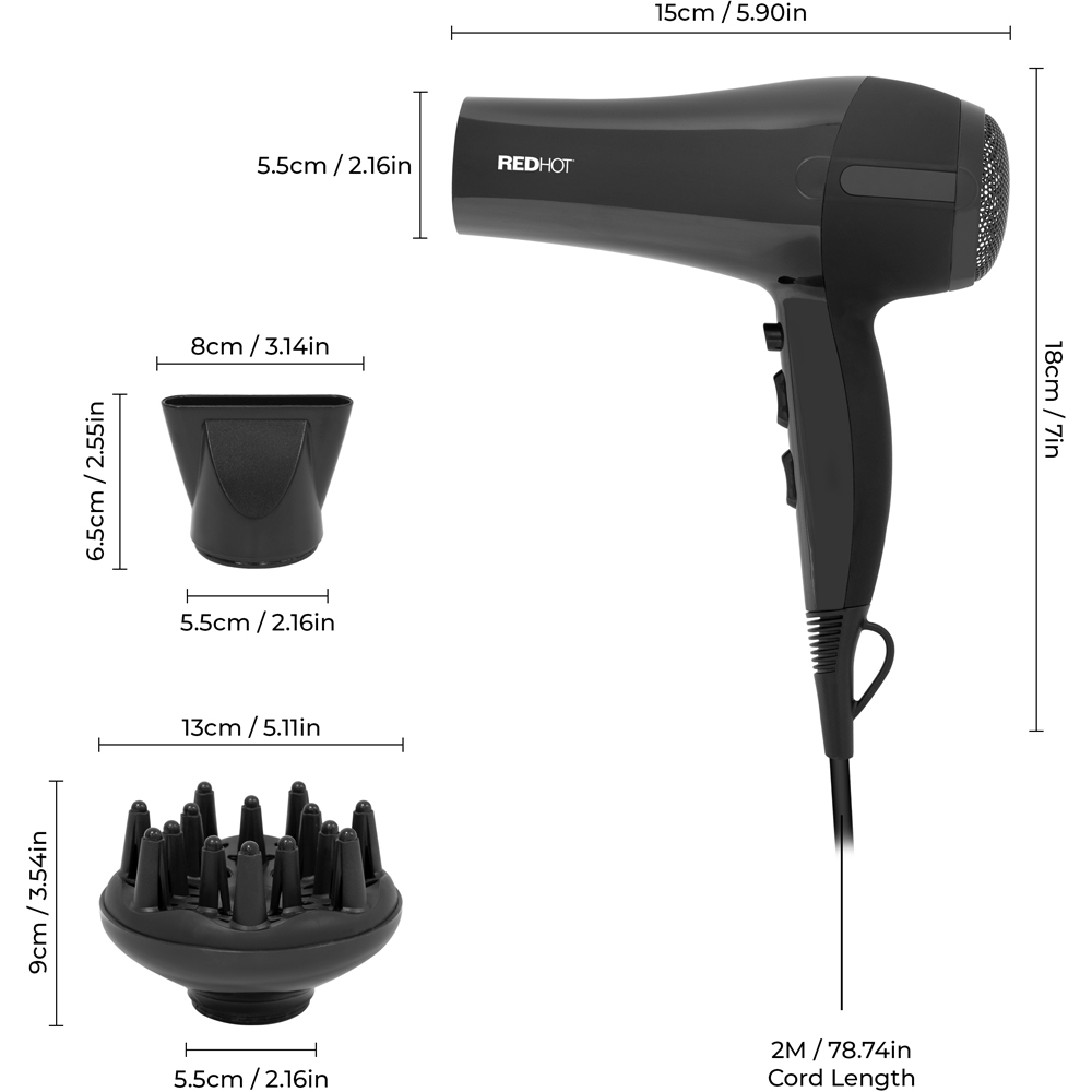 Red Hot Black Professional Hair Dryer with Diffuser Image 9