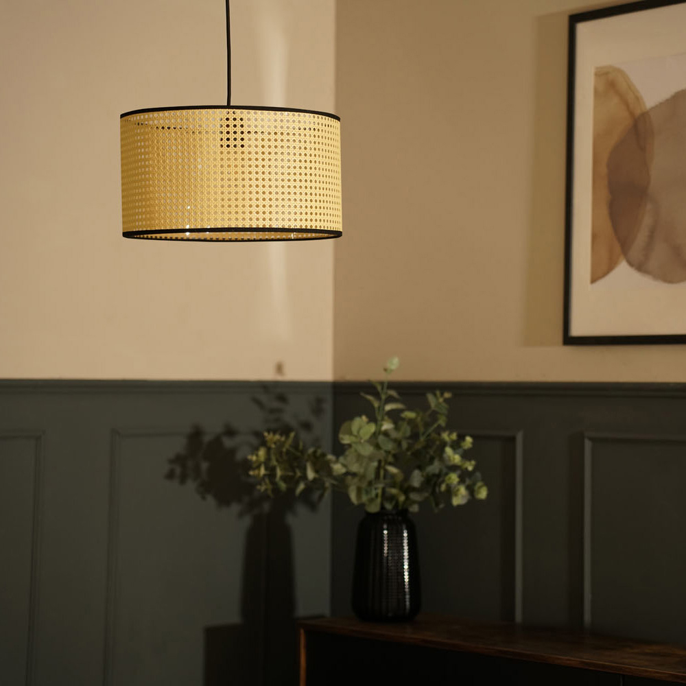 ValueLights Reni Natural Cane Black Trim Drum Ceiling Lamp Shade 35cm Image 2