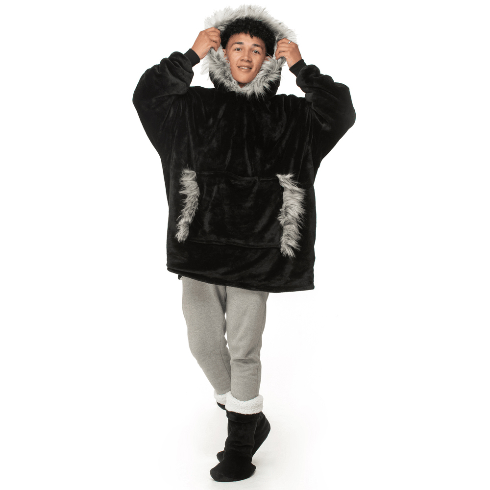 Velosso Fur Trim Hoodie Oversize Black Image 3