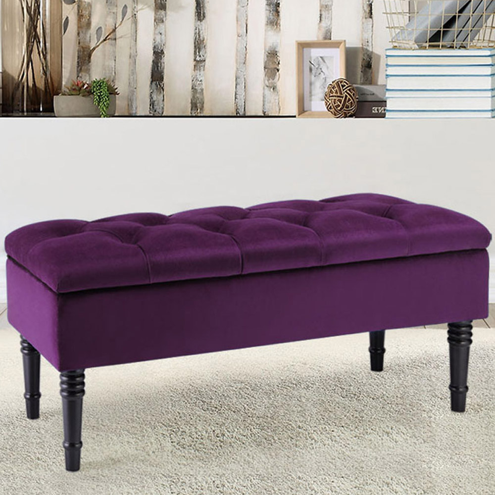 Living and Home Purple Buttoned Velvet Storage Bench Image 5