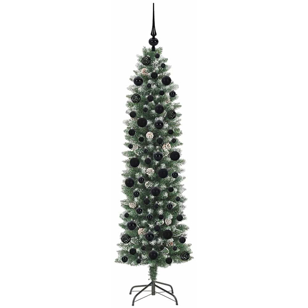 vidaXL Pre-Lit Black Bauble Pinecones Green Snow Flocked Artificial Pencil Christmas Tree 6ft Image 2