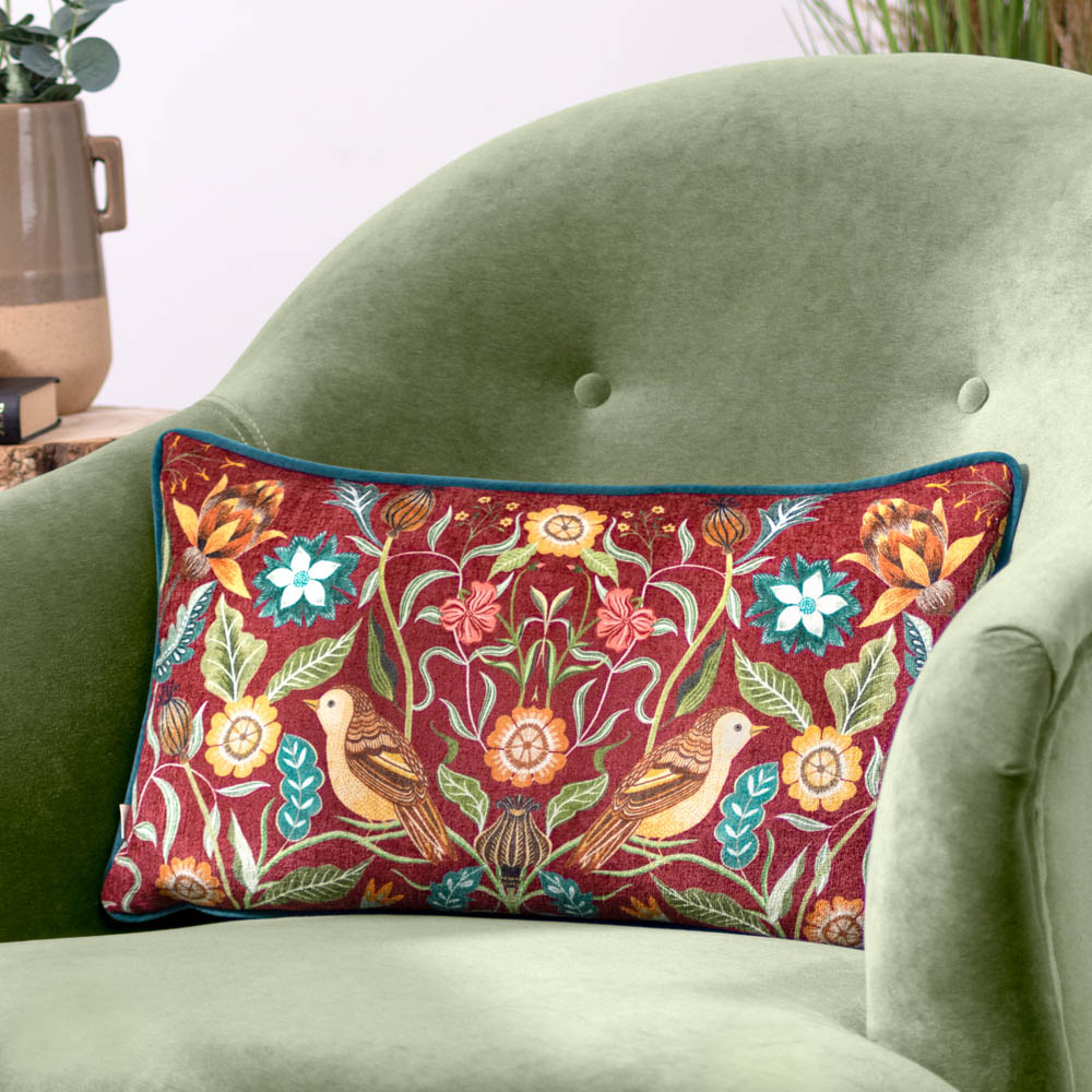 Evans Lichfield Hawthorn Burgundy Birds Chenille Piped Reversible Cushion 30 x 50cm Image 2