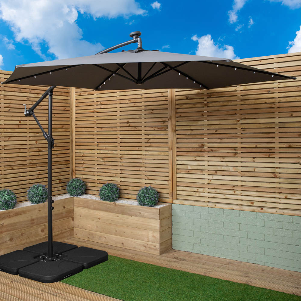 Samuel Alexander Grey Solar LED Crank Banana Hanging Parasol with Base Weights 3m Image 2