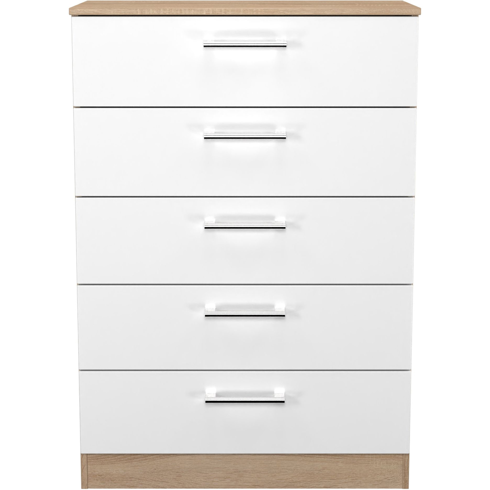 Crowndale Devon 5 Drawer Matt White and Bardolino Oak Chest of Drawers Ready Assembled Image 2