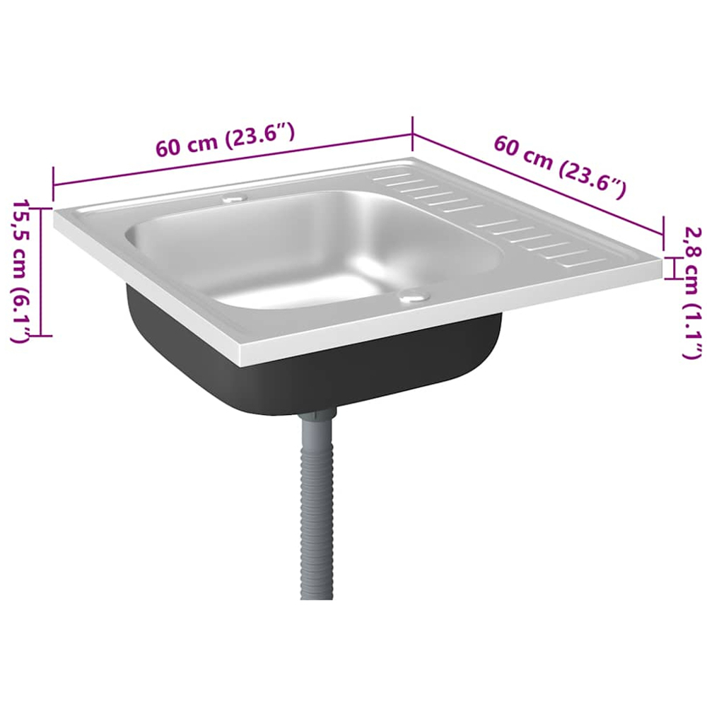 vidaXL Silver Stainless Steel Kitchen Sink with Drainer Set 600 x 600 x 155mm Image 7