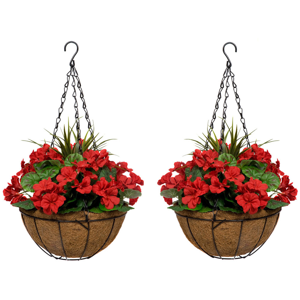 GreenBrokers Artificial Red Geraniums Round Coco Coir Hanging Plant Baskets 2 Pack Image 1