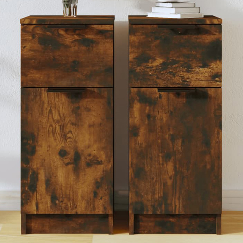 vidaXL Single Door Single Drawer Smoked Oak Sideboard Set of 2 Image 1