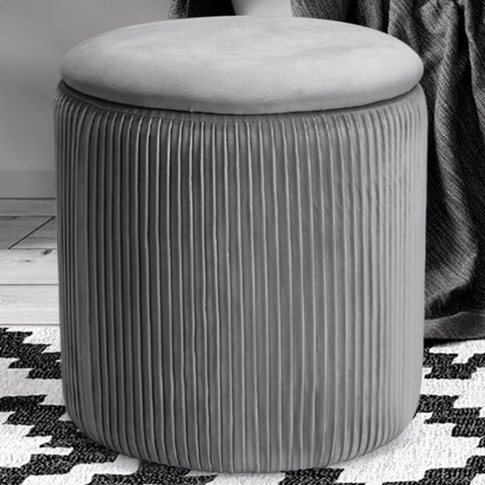 Living and Home Grey Round Pleated Storage Ottoman Image 1