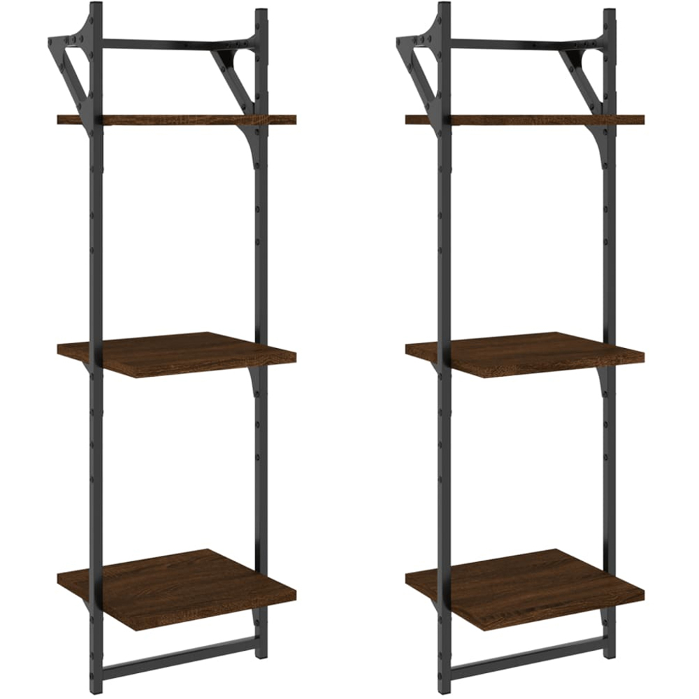 vidaXL Set of 2 3 Shelf Brown Oak Floating Wall Shelf with Bar Image 2