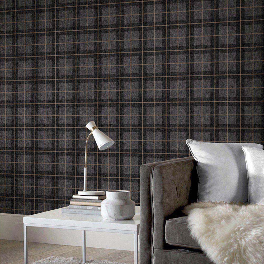 Arthouse Heritage Check Charcoal and Copper Wallpaper Image 3