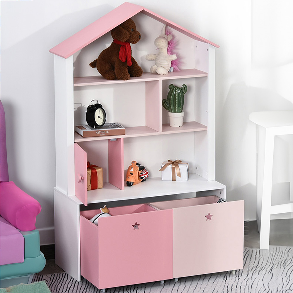 HOMCOM Kids Pink Bookcase with Wheels Image 1