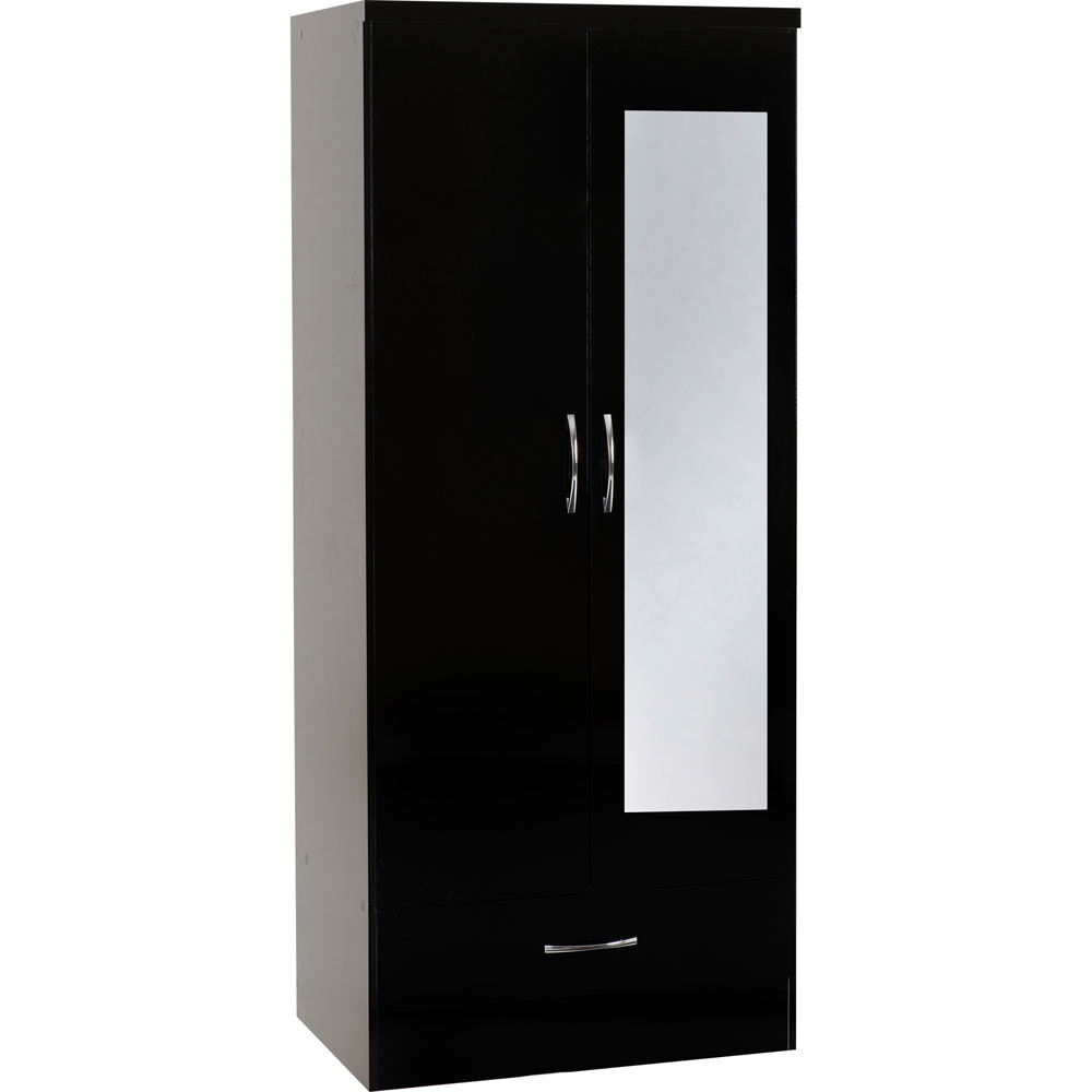 Seconique Nevada 2 Door Single Drawer Black Gloss Mirror Wardrobe Image 2