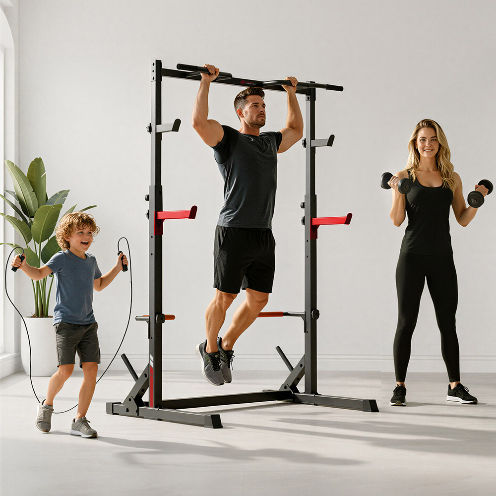 Rattrix Black Adjustable Squat Rack Power Rack with Pull Up Bar and Spotter Arms Image 2